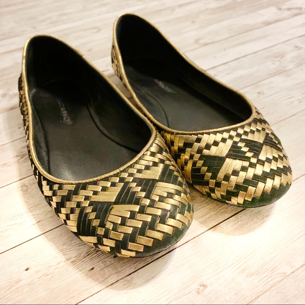 Rebecca Minkoff Black and Gold Woven Uma Flats